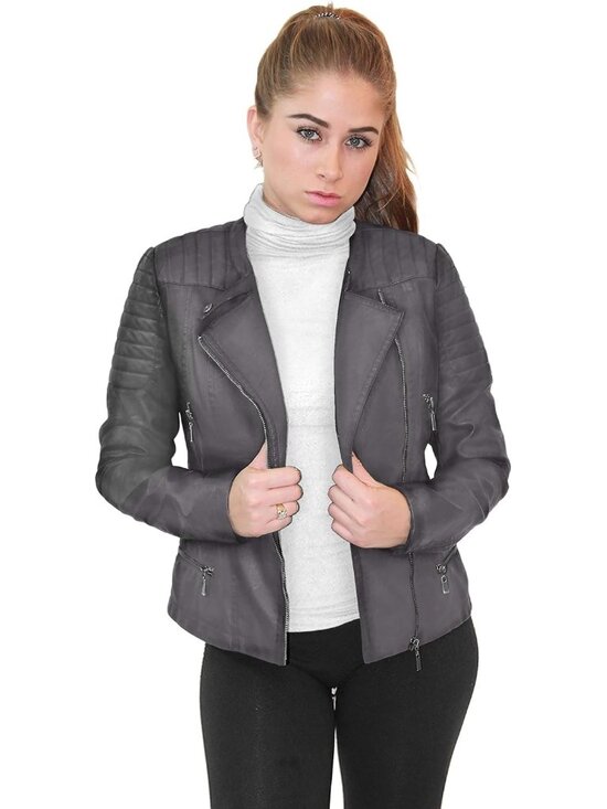 Jackets & Blazers - Women's Elegant Faux Leather Zip Up Moto Biker Jacket Zipper Long Sleeves Grey